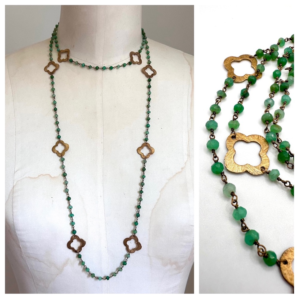 Rivka Friedman Necklace - Natural Uncut Emeralds, Gold Vermeil 925 Clovers Long
